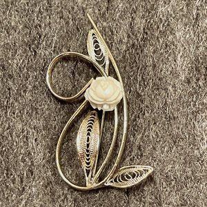 Vintage Mid Century Gold Tone Brooch Pin with a Bone Flower and Filigree Leaves